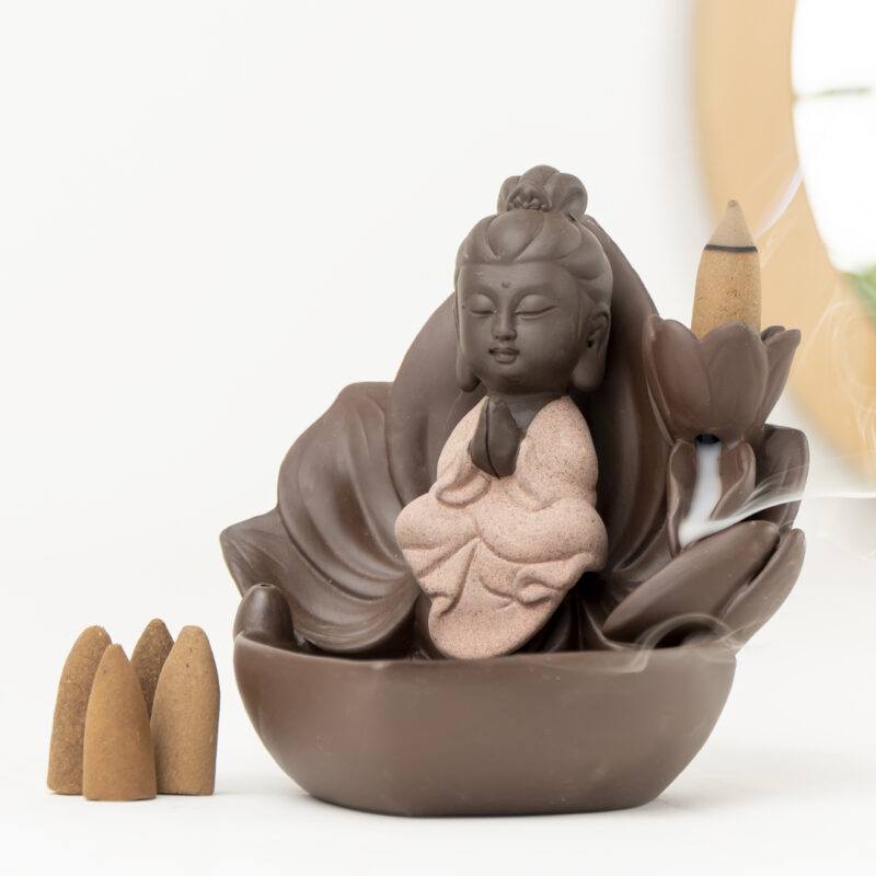 Zen Oturan Buddha Pink Geri Akışlı Tütsülük